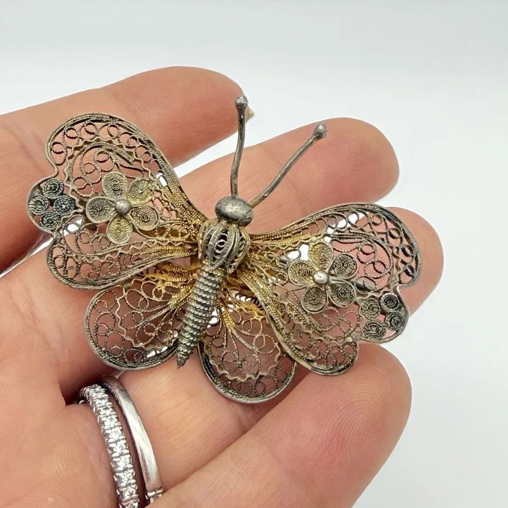 Antique Silver Filigree Butterfly Brooch Pin From Estate Read